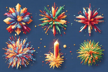 Festive firework bursting in various shapes pixel art