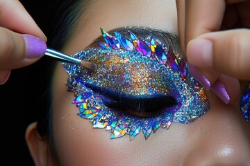 Wall Mural - the hands of a makeup artist creating an intricate and colorful image of eye shadow, emphasizing creativity and skill in eye makeup.