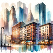  A watercolor painting that captures the essence of a cityscape with four distinct buildings