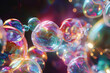3d illustration background with lots of soap bubbles, and sparkles. Rainbow bubbles on black background, design for wallpaper.