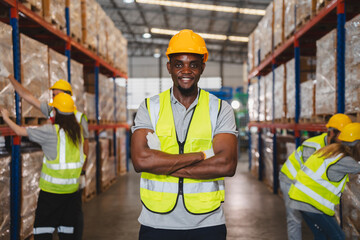 Wall Mural - Happy technician group enjoying their successful job, Professional warehouse worker team celebrating success in storage warehouse factory, Cheerful officer having fun at work, Logistic business work