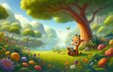 Wall Mural - a giraffe character reading a book