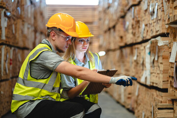 Wall Mural - Engineer team standing walking in warehouse examining hardwood material for wood furniture production, Worker check stock, Technician man and woman working on quality control in lumber pallet factory