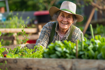 Joyful senior woman gardening in raised beds. Elderly lady with a bright smile tending to her lush vegetable garden