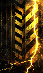 Poster - Bold yellow and black chevron pattern on textured background with a lightning bolt.