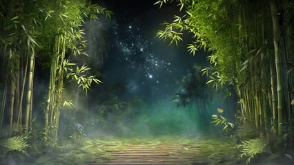 Animated background of misty bamboo forest at night. seamless looping video animation background.