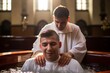 Young Catholic priest in his 35s performing a baptism ceremony in a vibrant Latin American church