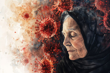 Watercolor illustration. The prophetic visions of the old lady pandemic virus. Generative AI image.	