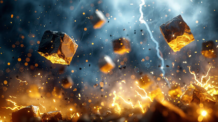 Poster - Flying rocks with fiery energy after lightning strikes.