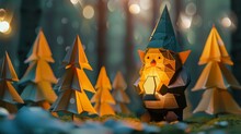 Detailed Papercraft Gnome With A Lantern Light Casting Shadows On Folded Paper Trees