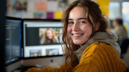 Poster - Smiling young woman in a yellow jacket working on computer in a creative office. cheerful atmosphere, casual business style. AI