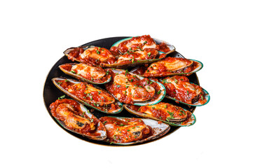 Wall Mural - Large green mussels cooked in tomato sauce with garlic, parsley and lemon. Isolated, Transparent background.