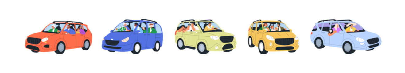 Wall Mural - families in car travel set. happy people in road trip, vacation adventure, journey. men, women, kids
