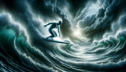 Wall Mural - A surfer, shaped from water, rides a massive wave amidst a stormy sea, capturing the essence of adventure against the backdrop of a dramatic sky.Artistic representation of sport. AI generated.