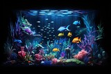 Fototapeta Do akwarium - vibrant 3D holographic representation of an underwater world filled with glowing fish.
