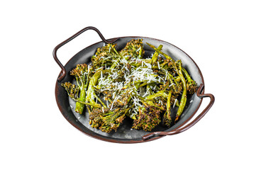 Roast Broccolini cabbage with crispy parmesan cheese.  Isolated, Transparent background.