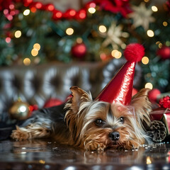 Funny cute Yorkshire Terrier (Yorkie) Dog in red party hat cap lies on table on background of festive garland and decor. Party, fun, holiday background, banner ended. Copy space