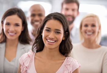 Aufkleber - Business, people and portrait for teamwork, leadership and happy at startup company for public relations. Face, smile and group of people with professional, confidence and team support for about us