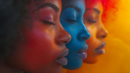 Poster - portrait of a black woman, International Women's Day concept background, three women Strong and brave girls supporting each other and the feminist movement. Sisterhood and females friends