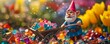 Plasticine gnome with a wheelbarrow full of gems vivid colors popping