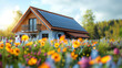 modern home with solar panels attached to the roof, a house with solar panels during spring with flowers and blooming trees on a sunny day
