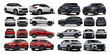 Vector realistic isolated cars collection, blue re and white vehicles, front back side and isometric view.