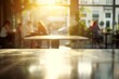 polished table, blurred patrons in sunlit cafe scene behind