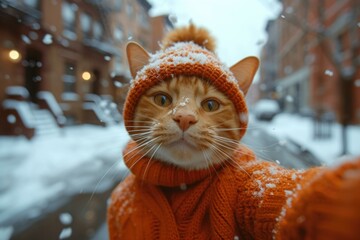 Wall Mural - A cat wearing an orange sweater and hat in the snow. Generative AI.