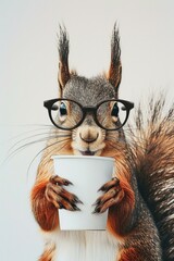 Wall Mural - A squirrel wearing glasses and holding a cup. Generative AI.