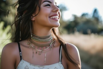 Wall Mural - smiling woman with layered boho chokers