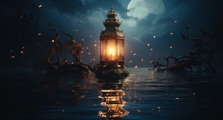 a lantern is on the ground above a water surface with the moon below it