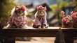 Two cats dressed in gardening clothes sit on a bench in a garden in the countryside on a beautiful sunny day
