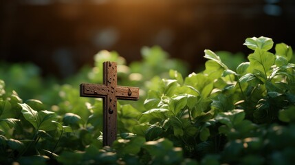 Wall Mural - a wooden cross on top of some green leaves
