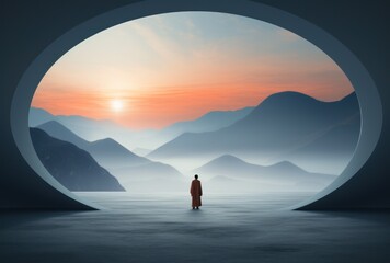 Wall Mural - a man walks into an empty dark room with a view of mountains