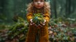 A toddler with long brown hair holding a globe in a forest