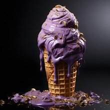 Purple Ice Cream With Gold Topping Isolated On Dark Background. Dripping And Melting Ice Cream