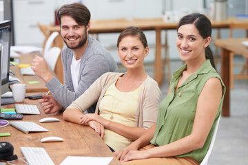 Poster - portrait, freelancers and group smiling in office, desk or computer for collaboration, teamwork and 