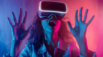 Wall Mural - Excited girl wearing VR headset in neon light