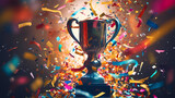 Fototapeta Sypialnia - Golden trophy winner cup with blurred background and copy space
