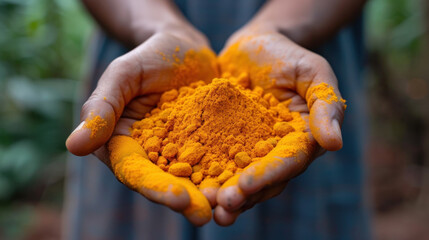 Crushed turmeric root in hands. Handful of orange powder. Spicy Indian spice for cooking dishes and desserts