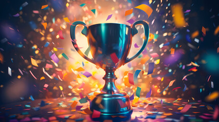 Golden trophy winner cup with blurred background and copy space