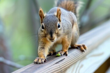 Wall Mural - squirrel paused with pistachio on wooden railing