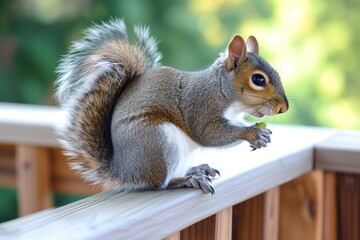 Wall Mural - squirrel paused with pistachio on wooden railing