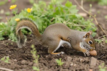 Wall Mural - bushytailed squirrel digging up buried nut