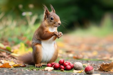 Wall Mural - squirrel standing on hind legs with chestnut