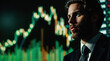 © remake - Businessman stands in front of a graph. Analyzing financial growth and strategy for corporate success with confidence and leadership in the modern digital era