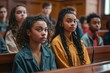 A group of diverse teenagers in a courtroom setting, facing a judge with expressions of hope and anxiety, a concerned lawyer by their side, engaging in a crucial conversation about their future