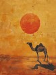 Sahara noon, camel silhouette under scorching sun, watercolor heatwave