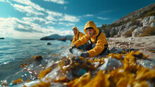 Two Men In Yellow Jackets Sitting On A Beach Admiring Seaweed By The Water