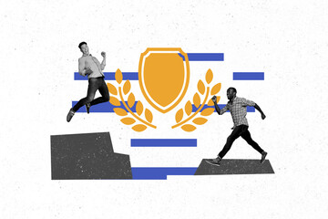 Aufkleber - Collage artwork sketch of cheerful two people celebrating victory success progress isolated on drawing background